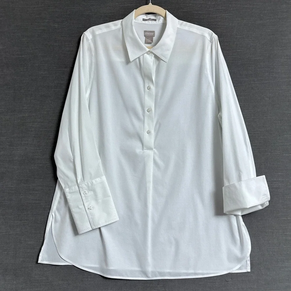 Chicos Top 2.5 M US 14 White Cotton No Iron Tunic Button Popover Career Classic